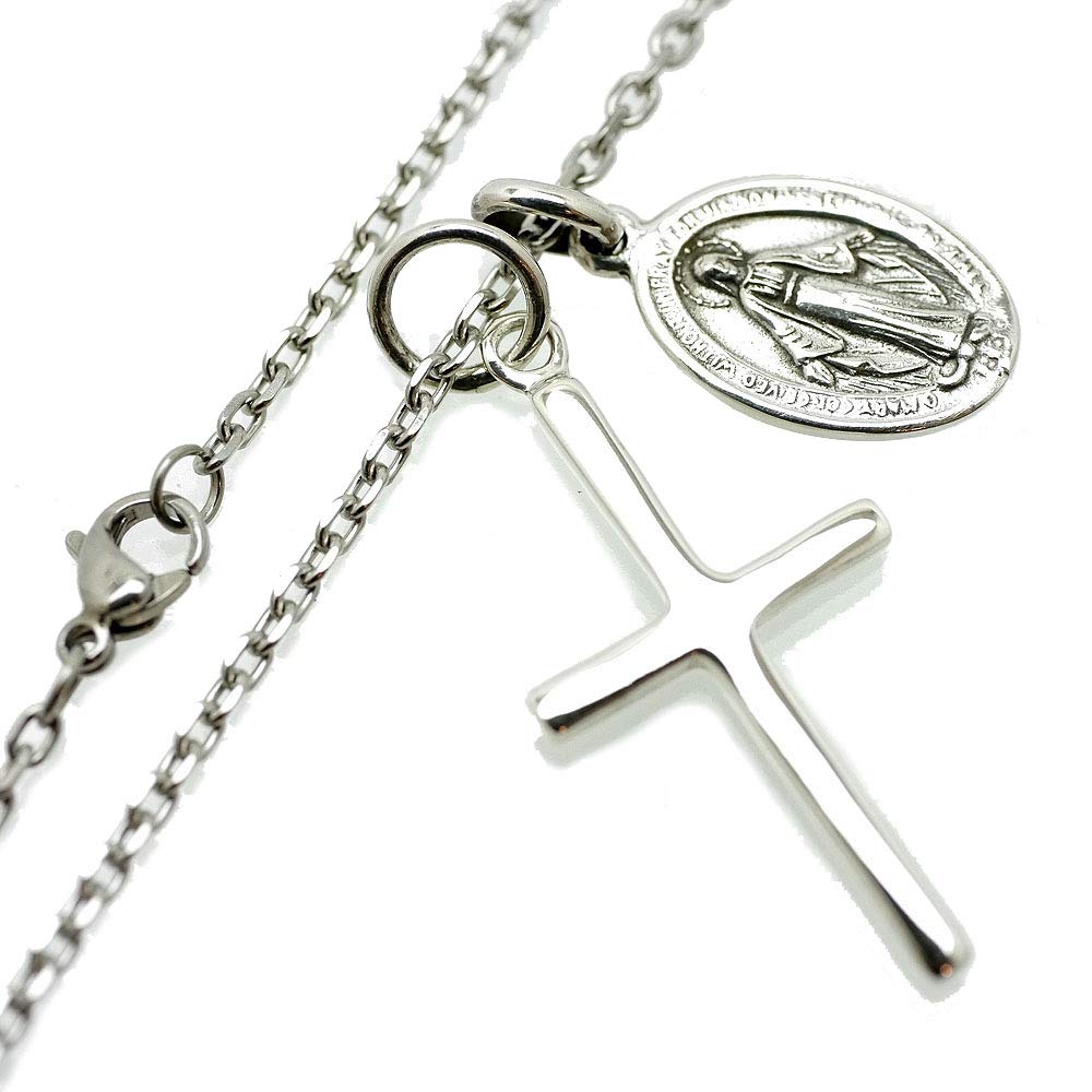 [Silver One] Sterling Silver 925 Miraculous Medal Virgin Mary & Cross Necklace Pendant Set with Chain for Men C1 [Length 50cm]