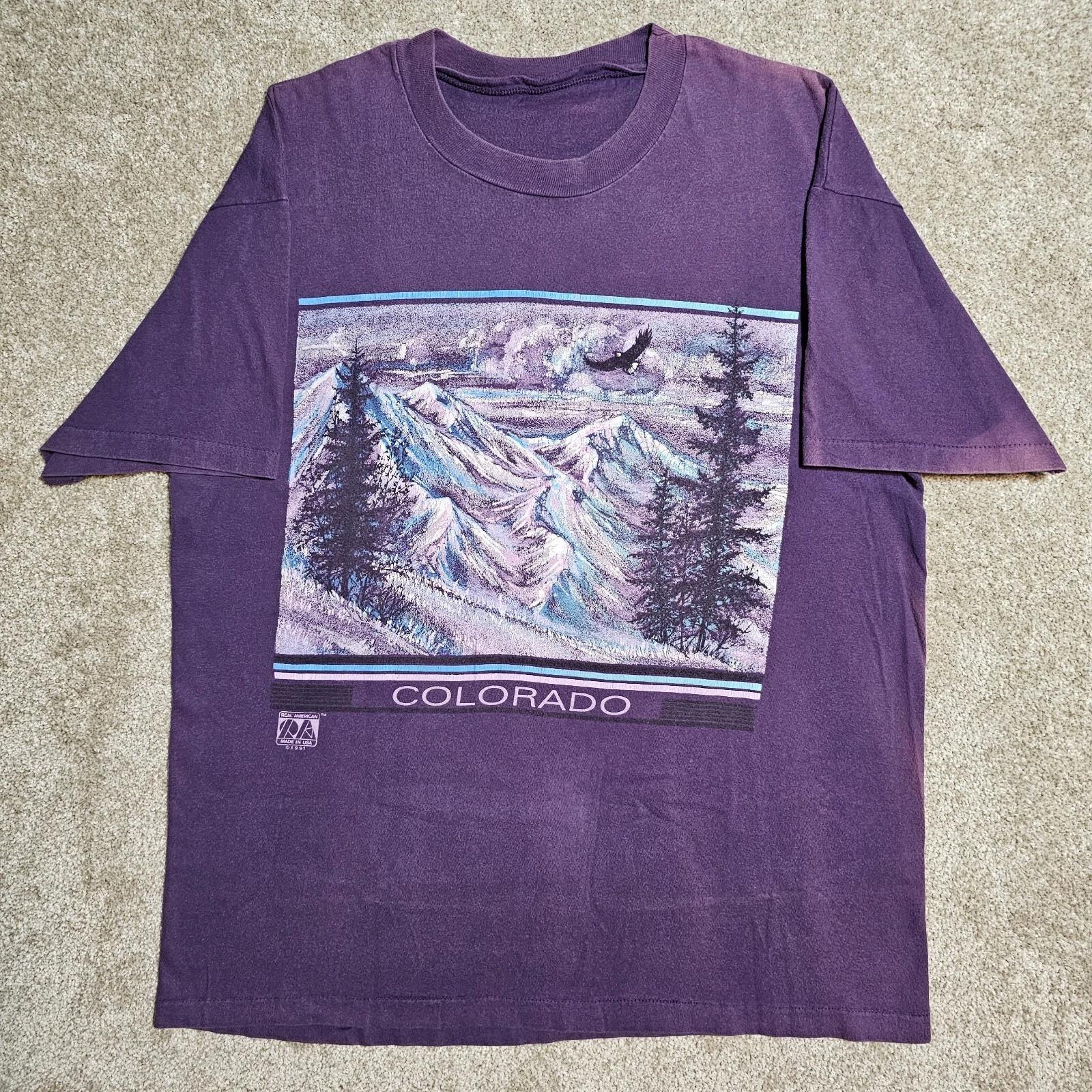 

Vtg 90s Colorado Mountain Landscape T-shirt Mens L Purple Single 1991 Tourist CO M