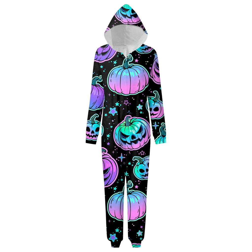 Halloween Printed Family Matching Hooded Long Sleeved Zippered Hooded  Jumpsuit Set