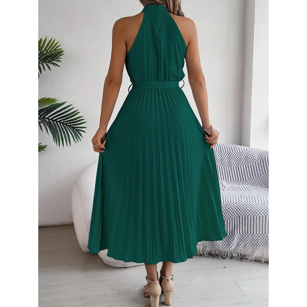 HNXC Printemps Été Élégant Col Montant Sans Manches Taille Plissée Robe Longue Vêtements pour Femmes