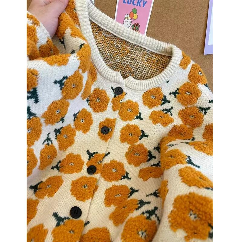 DIMANAF 2025 Big Size Flower Sweaters Cardigan Autumn Women Print O-Neck Sweaters Knitting Loose Sweater