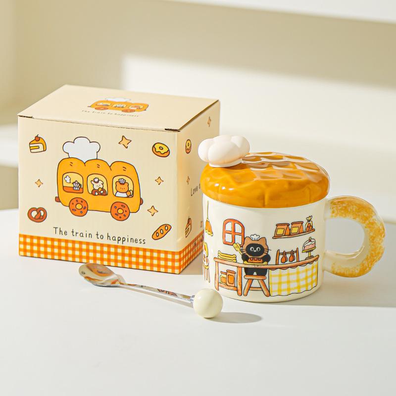Korean Creative Bread Mug Cartoon Cat Ceramic Cup with Lid Household Water Cup Birthday Gift Souvenir