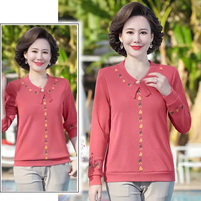 Women's Spring and Fall Long-sleeved Blouse Middle-aged and Elderly Loose V-neck Bottoming Shirt