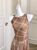 French Retro Sleeveless Plaid Maxi Dress - Elegant Design with Unique Waist-Cinching Style.