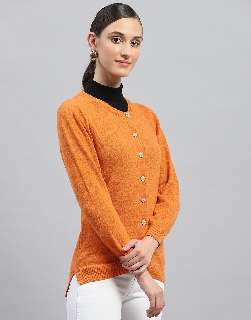 MONTE CARLO Womens Orange Solid Round Neck Full Sleeves Cardigan