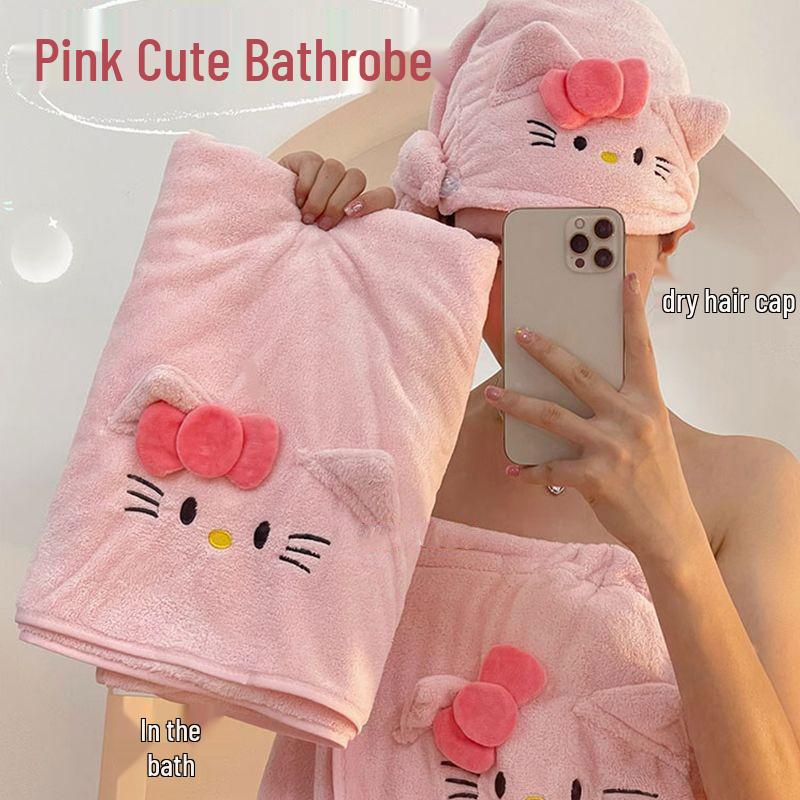 Kuromi Wearable Bathrobe Set: Includes Coral Fleece Bath Towel, Dry Hair Cap, and Hair Band - Soft, Skin-Friendly, Cartoon Design.
