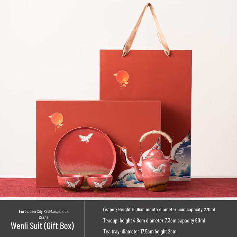 Palace Red Auspicious Crane Ceramic Tea Set
