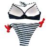 Women's Two Piece Bikini Set Striped Bottom with Tie Side Halter Neck Top Twist Front Backless Swimwear Beachwear