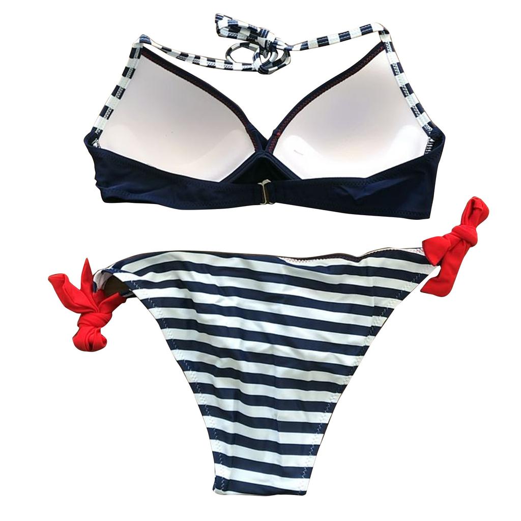 Women's Two Piece Bikini Set Striped Bottom with Tie Side Halter Neck Top Twist Front Backless Swimwear Beachwear