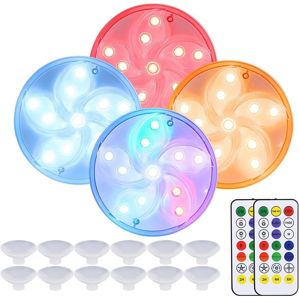 4 Pack Submersible LED Lights Waterproof LED Underwater Light with Suction Cup Magnets and RF Remote Control RGB LED