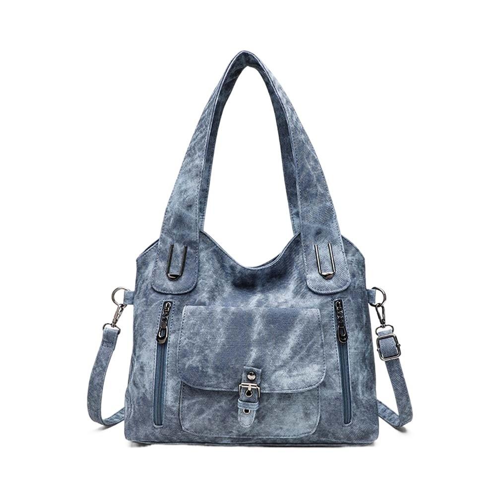 

Tie-dye Handbag Retro Tote Bag Multi-pockets Texture Leather Contrast Color Shoulder Bag Classic Magnetic Button синій