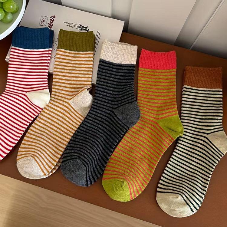 Korean Striped Cotton Mid-Calf Socks for Women - Spring/Autumn Trendy Long Socks, Summer Thin Style