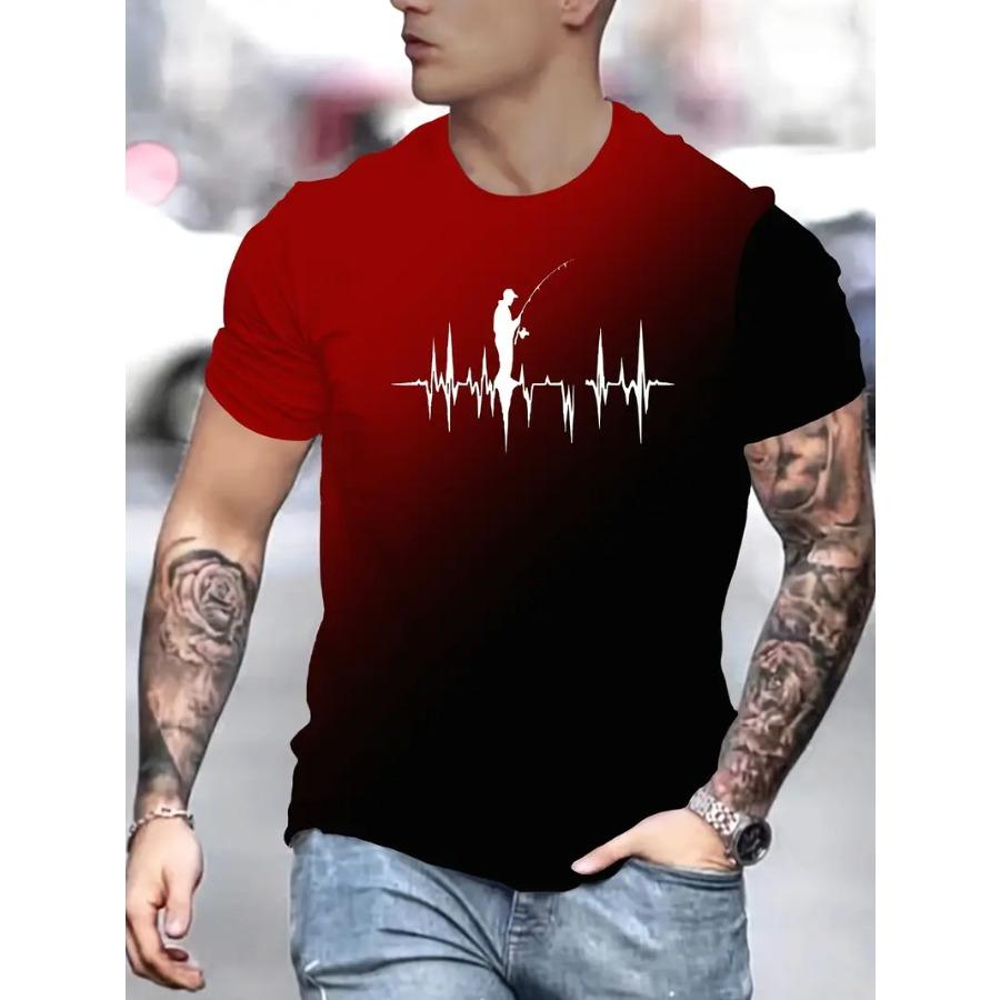 Men'S Casual Crew Neck T-Shirt with Fishing Heartbeat Graphic, 100% Polyester Knit Fabric with Slight Stretch, Regular Fit Short Sleeve Tee