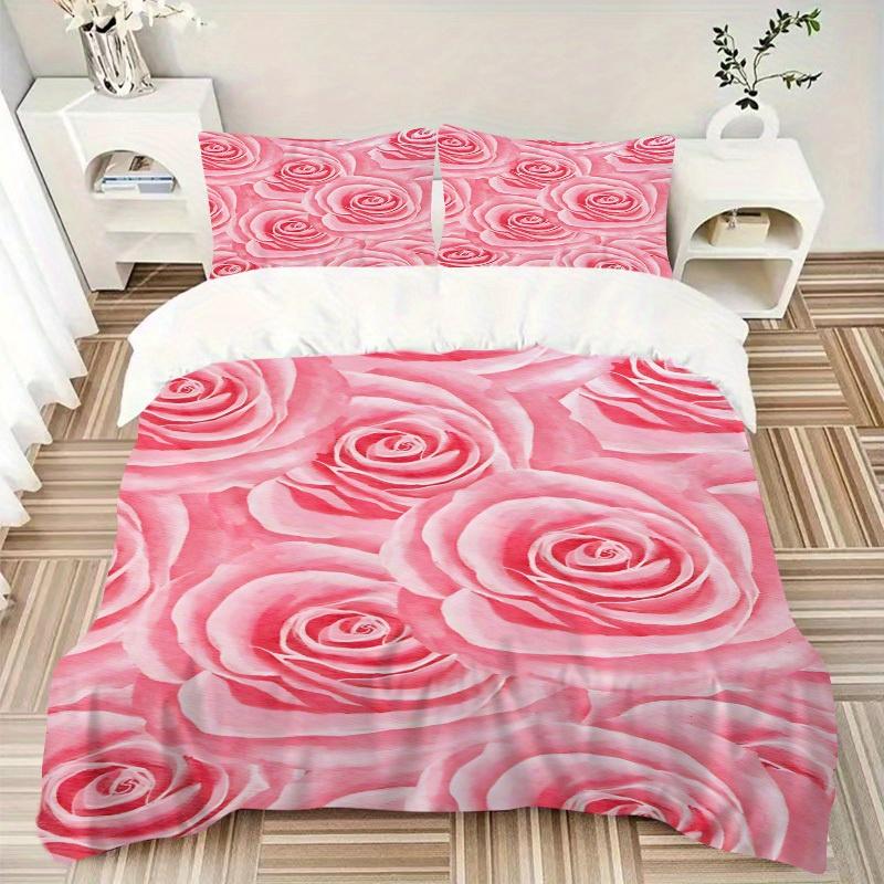 

3pcs Pink Roses Bedding Set Down Comforter Cover and Pillowcases, Suitable for Guest Room Home Decoration All Seasons(No Insert) S0819065 135x200cm