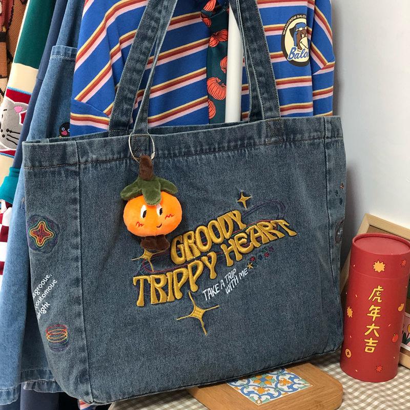 Embroidered Casual Tote for Women Canvas Sacks Large Capacity Shopping Bags