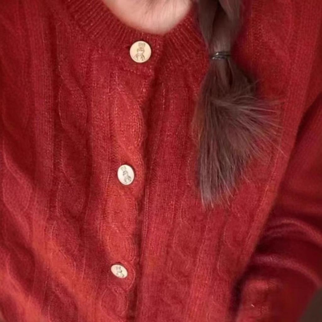 Women's Cashmere Round Neck Cardigan - Year of the Rooster Red, Thick & Fashionable Bright Silk Cable Knit Sweater for Autumn/Winter.