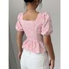 Square Neck Summer Women Floral Sweet Women Blouse Puff Sleeve Elegant Tops Slim Fit Fashion Casual Single-breasted Short Shirts for Women