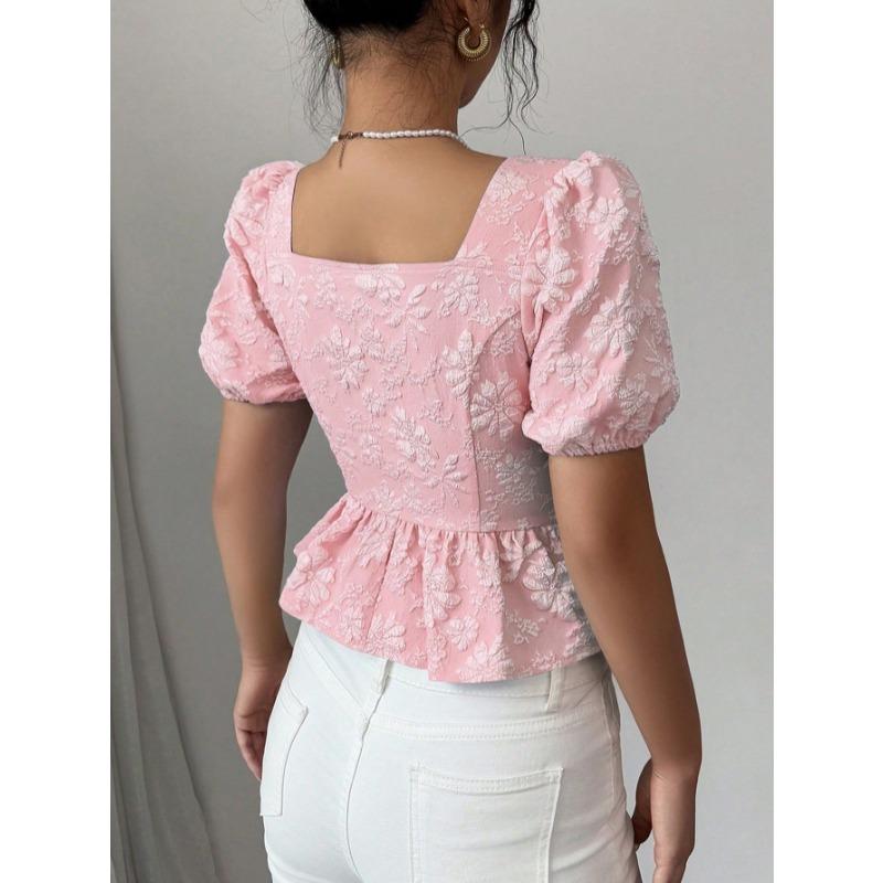 Square Neck Summer Women Floral Sweet Women Blouse Puff Sleeve Elegant Tops Slim Fit Fashion Casual Single-breasted Short Shirts for Women