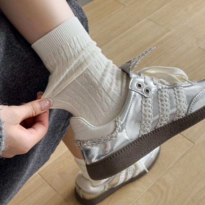 Damen Zopfmuster Mid-Calf Socken - Japanisch Retro, Reine Baumwolle, Sportlich, Scrunchy, Herbst/Winter Trend