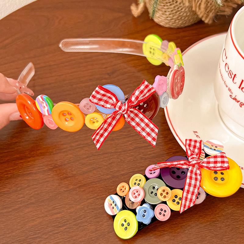 Dopamine Colored Button Headband Headwear Childishness Hairband Face Washing Bow Hair Hoop Sweet  Hair Clip Gifts