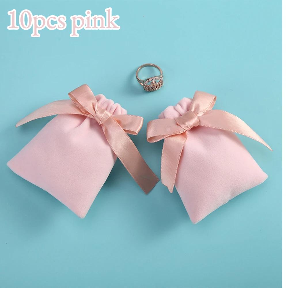 

10pcs Velvet Drawstring Pouches, Small Gift Bags for Jewelry Storage, Wedding Party Favors, Pink Ribbon Closure Drawstring Bags 7x9cm