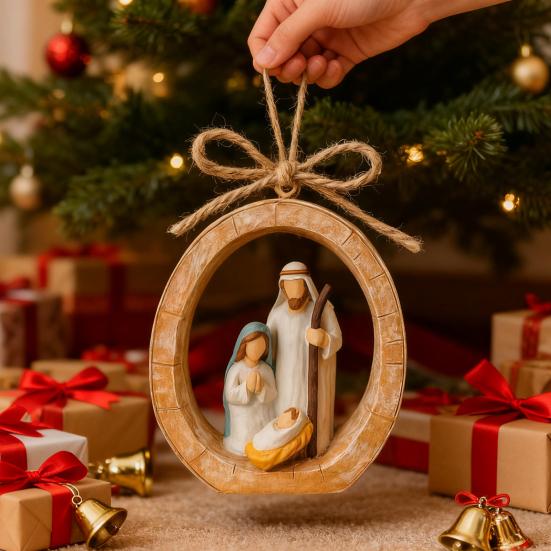 Yousheng Oval Nativity Hanging Ornament Home Office Christmas Tree Hand-Painted Birth of Jesus Scene Holy Family Holiday Religious Decoration Pendant