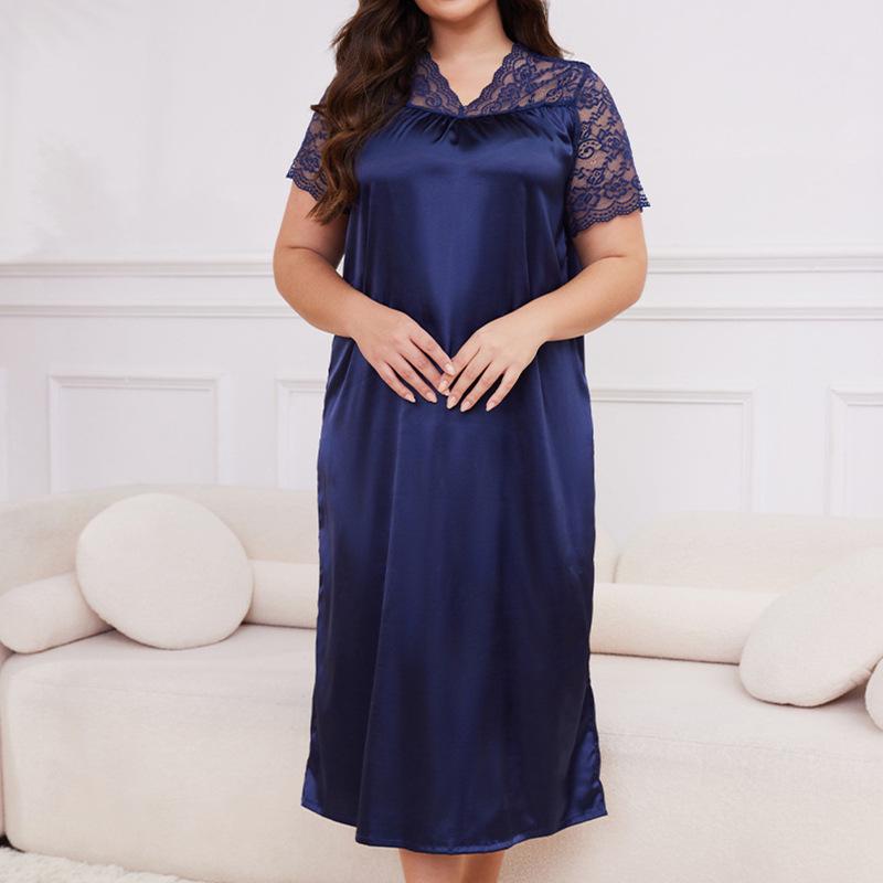 New Hot Plus Size Women's Ice Silk Short Sleeve Pajamas - Loose Casual Nightgown