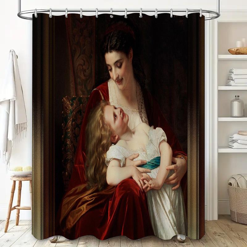 Vintage Mutter und Kind Porträt Duschvorhang Viktorianische Art Deco Ästhetik Badezimmer Dekor Bauernhaus Wandteppich Wandbehang
