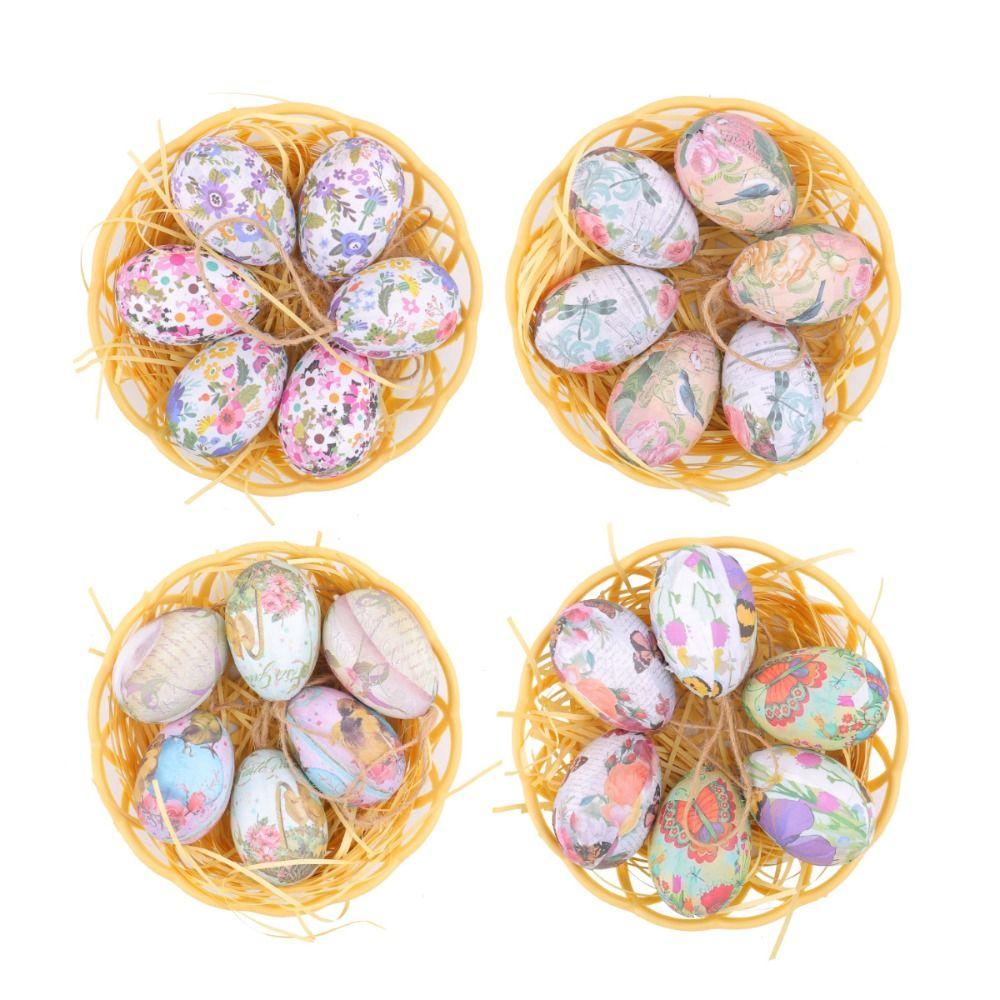 6pcs Foam Painted Easter Eggs Pendant with Basket Butterfly Egg Hanging Ornament  Home Decoration