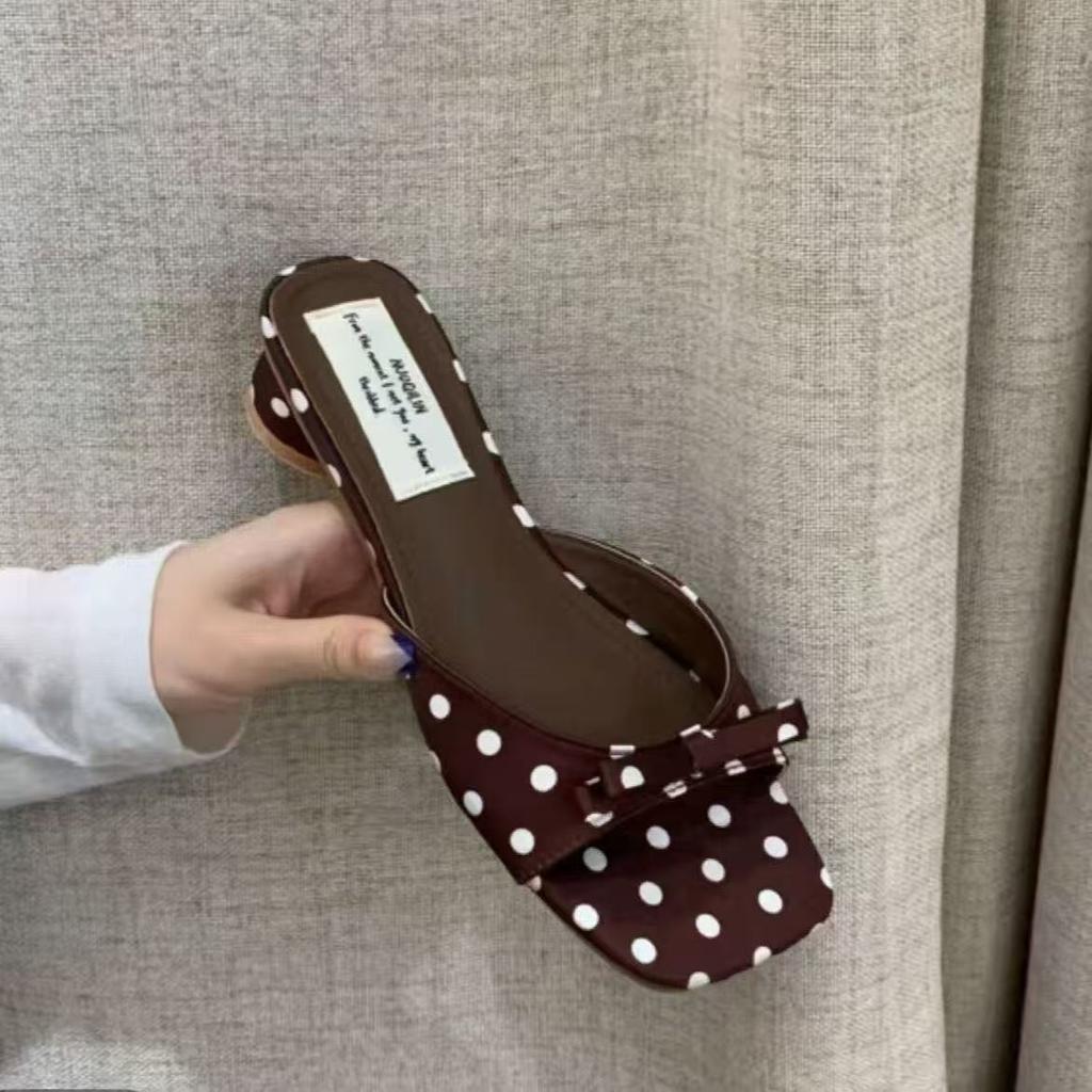 Fashion designer High Heel Open Toe Slippers for Women Wearing Bow Tie Outside Square Head Heel Slippers for Sandal  Brand