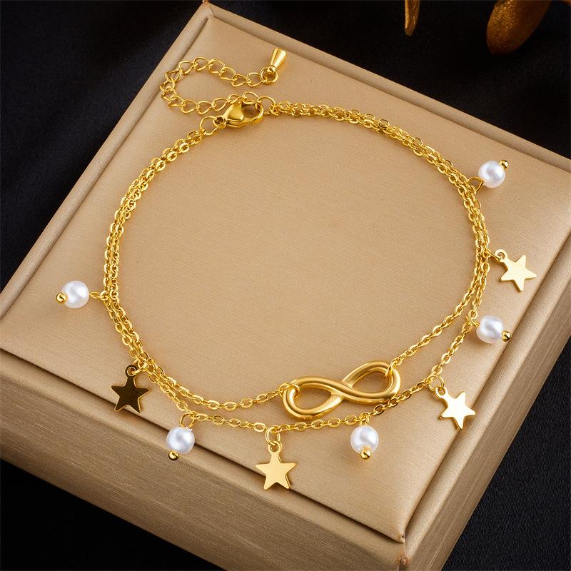 Gold Plated Infinity Star Pearl Anklet, Dainty Double Chain Foot Bracelet with Charms, Minimalist Beach Jewelry for Women Gift