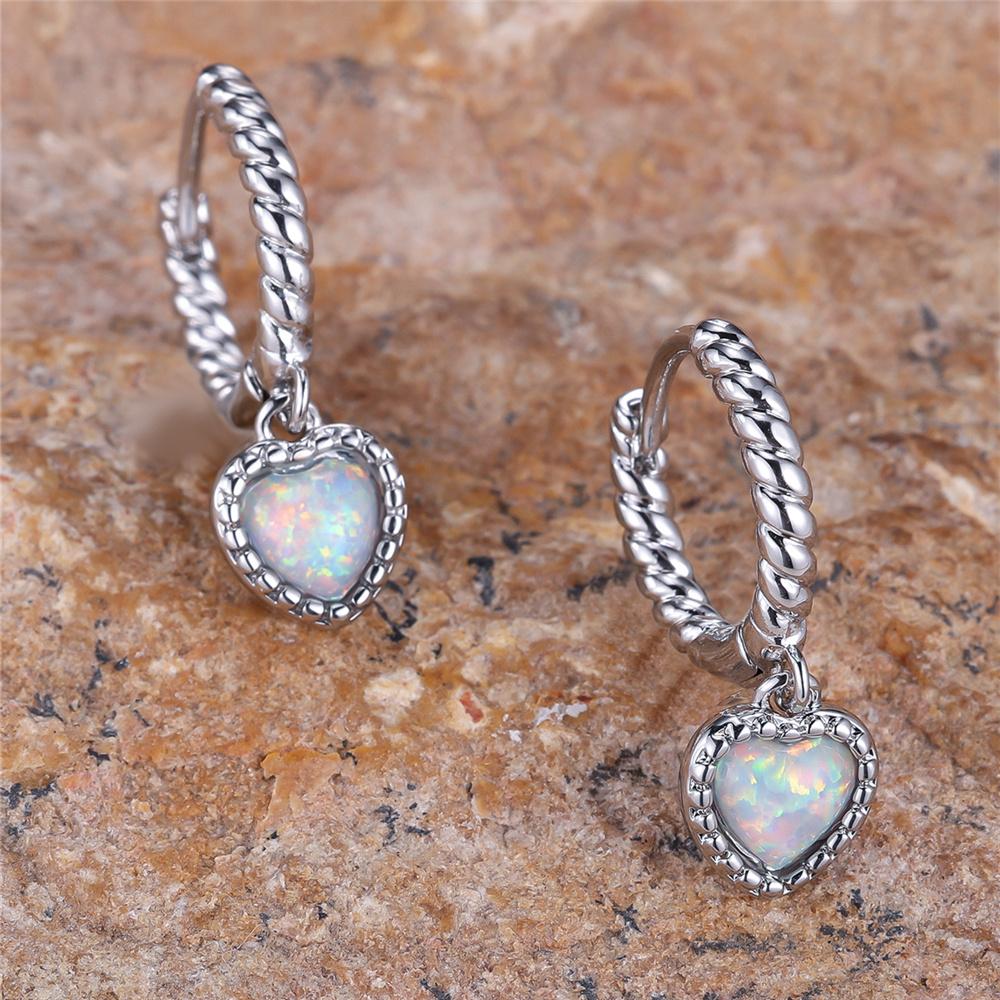 Luxury Female White Fire Opal Stone Heart Hoop Earrings Silver Color Unique Gift Party Wedding  For Women