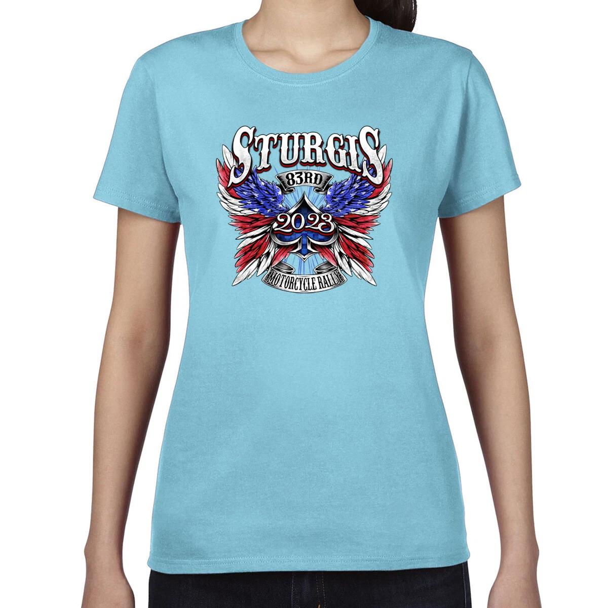 Ladies 2023 Sturgis Motorcycle Rally Patriotic Angel T-Shirt L