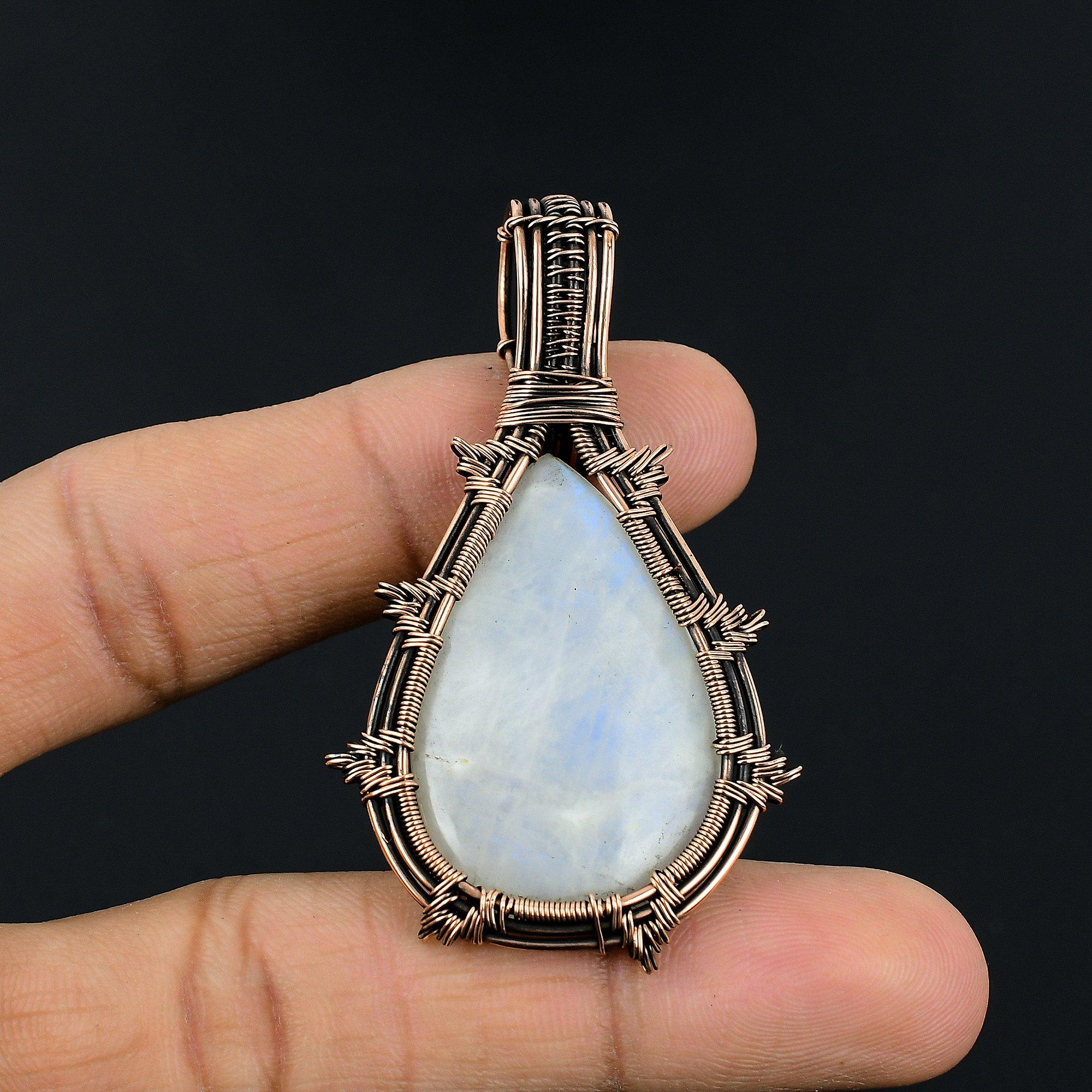 

Кулон из лунного камня, обернутый медной проволокой 999 пробы, кулон из драгоценного камня ручной работы, подарок для мамы, антикварное украшение 2.44 Inches