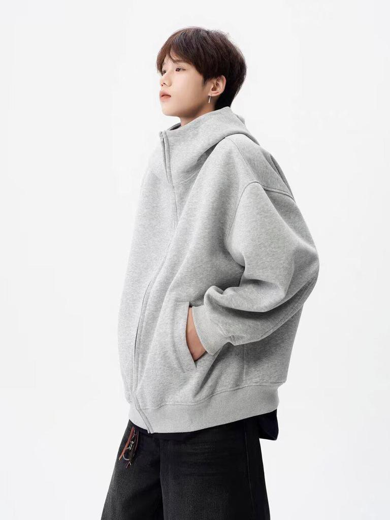 Trendy American High Street Double Zipper Basic Heavyweight Loose Cardigan Hoodie