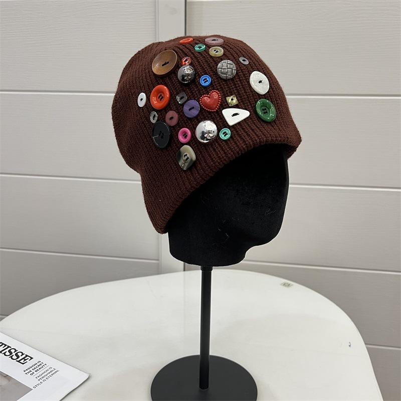 

Designer niche colorful button wool hat autumn and winter double-layer knitted warm personalized yuppie pullover cold hat Average size 54- 60 бордовий