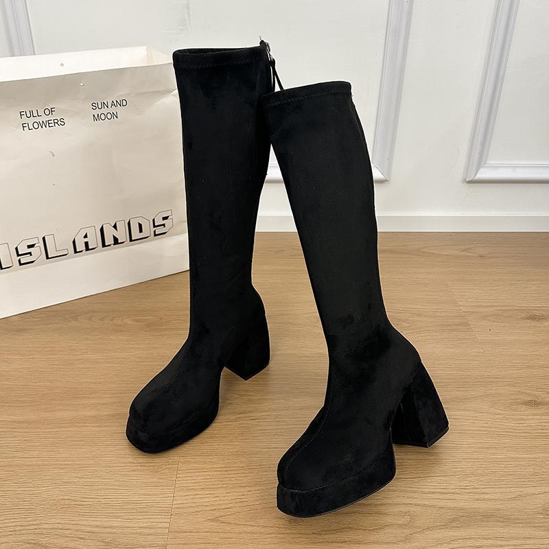 Winter Platform Thick Heels Woman Modern High Boots Sexy Round Toe Party Dress Shoes Female Vintage Stretch Slim Long Booties