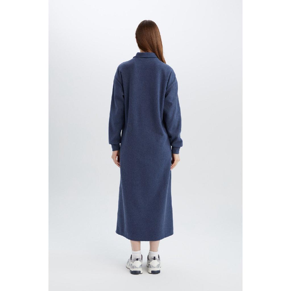 Buttoned Polo Neck Basic Plain Long Sleeve Selanik Fabric Maxi Knitwear Dress B7260ax24wn