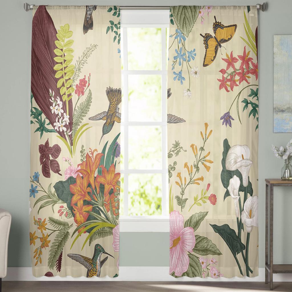 Květiny Ptáci Motýl Retro styl Tyl Průsvitné Okenní Závěsy do obývacího pokoje Ložnice Moderní Voál Závěsy Organza Závěsy