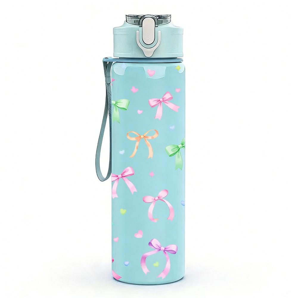 1PC Bow Ribbon Pastel Doodle Pattern 750ml Color Plastic Sports Water Bottle Leakproof Flip Straw Lid Suitable for Sports Office Home Use