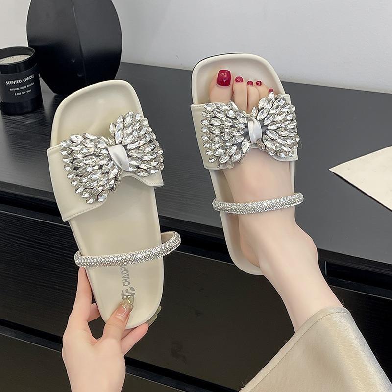 New Flat-bottomed Bow Rhinestone Slippers Women's Cross with Satin Open-toed Fashion Outer Slippers Women