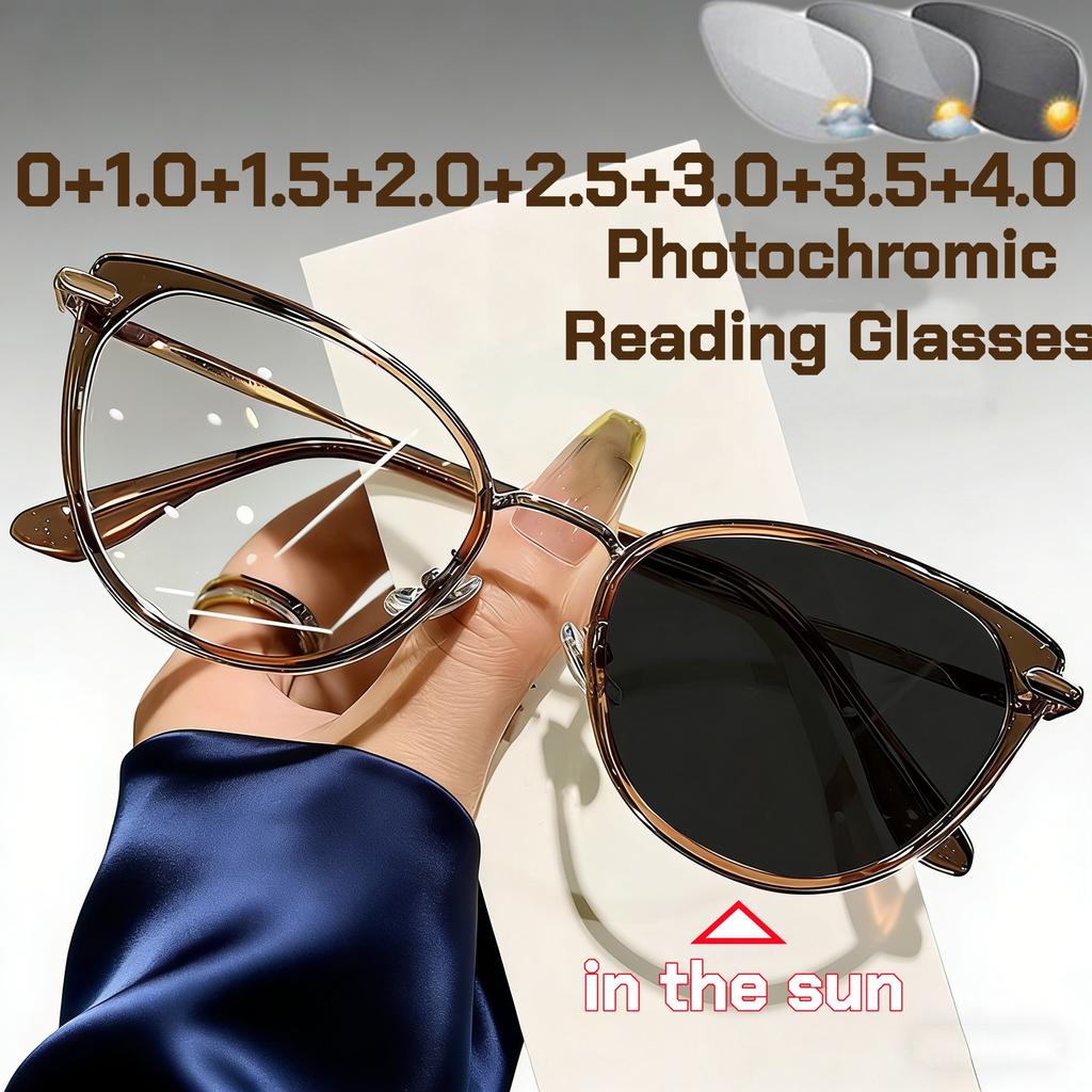 Lady's New Stylish Cat Eye Photochromic Reading Glasses Outdoor UV Protection and Anti Blue Light Color Changing Presbyopia Eyeglasses