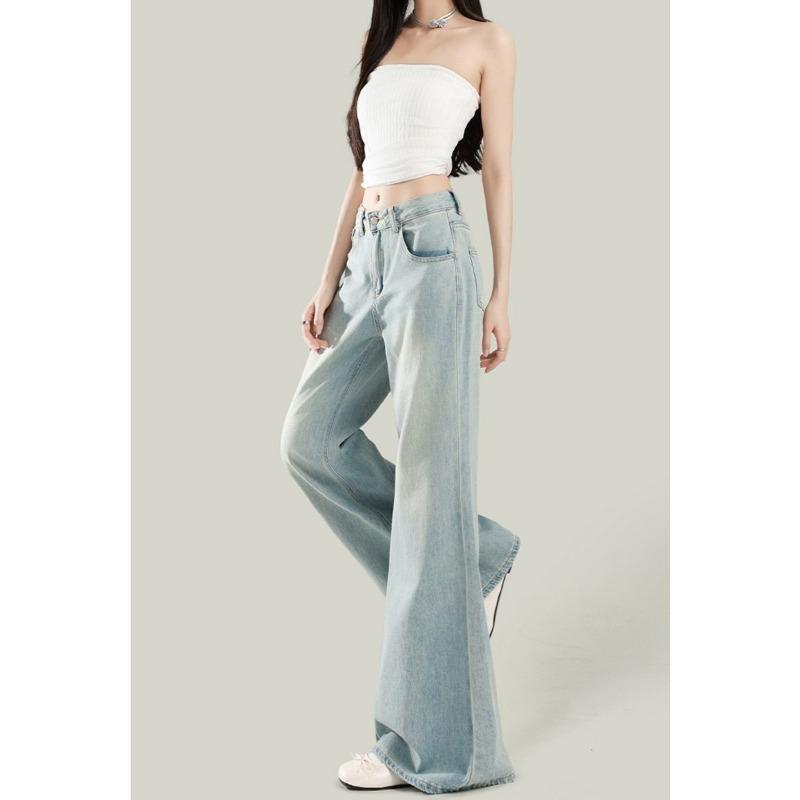 Women's Light Blue High Waist Flare Jeans Retro Washed Denim Pants