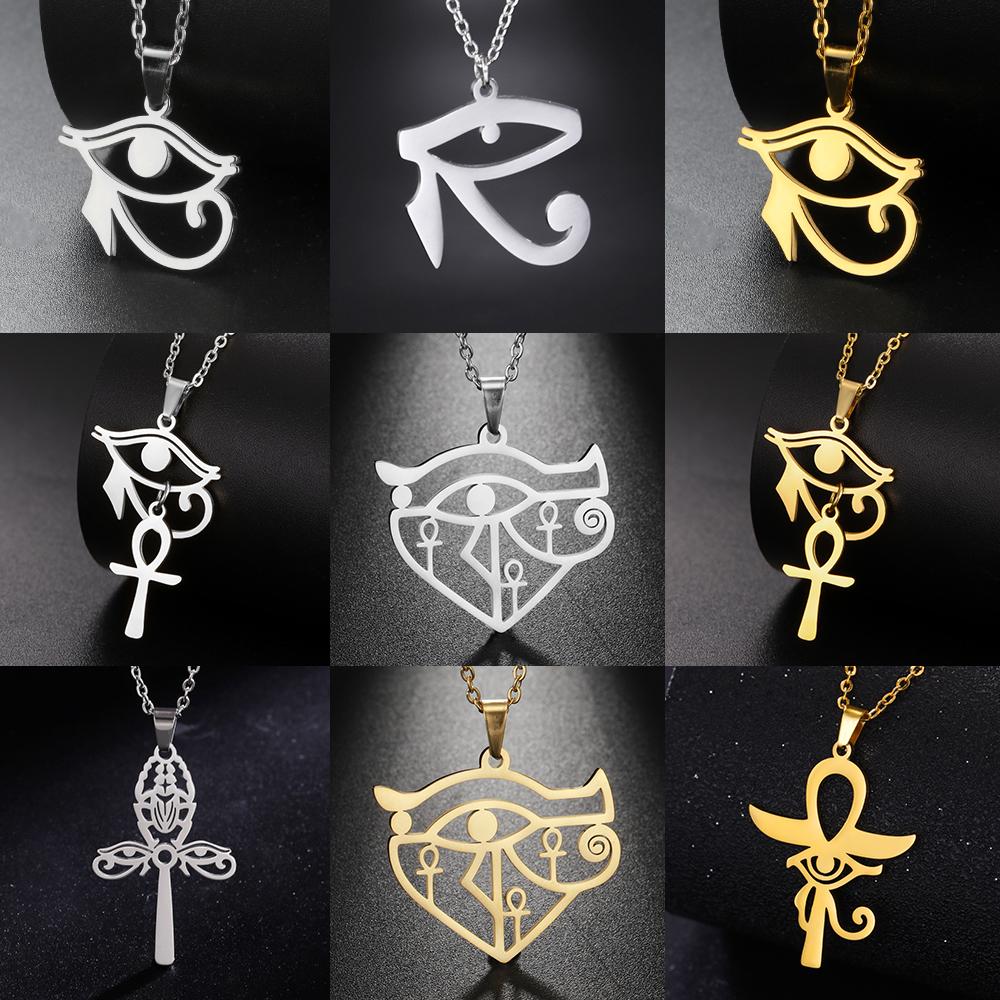 LIKGREAT Egyptian Eye of Horus Ankh Cross Protection Necklace for Women Men Stainless Steel Celtics Knot Amulet Jewelry