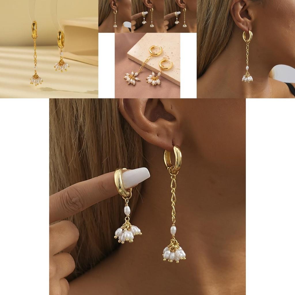 Elegant Geometric Gold Plated Asymmetrical Pearl Earrings For Women Fashion Jewelry