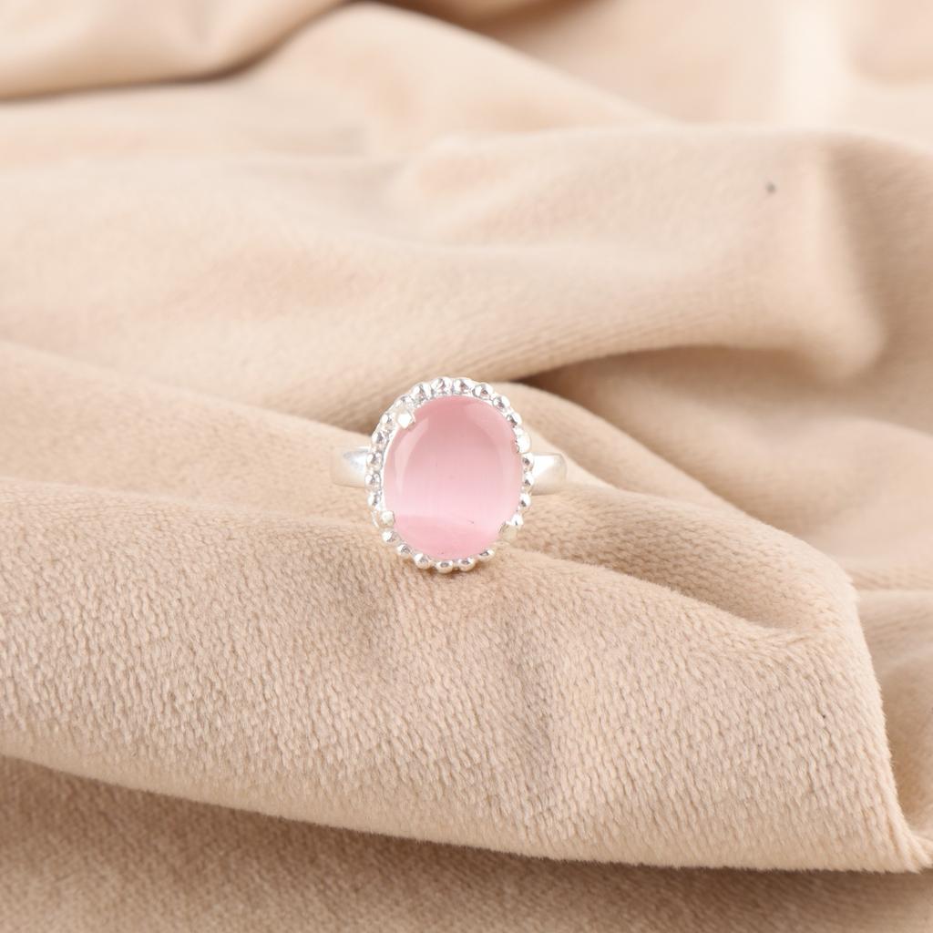Oval Pink Cat's Eye Gemstone 925 Sterling Silver Cocktail Handcrafted Boho Ring RR-28-36