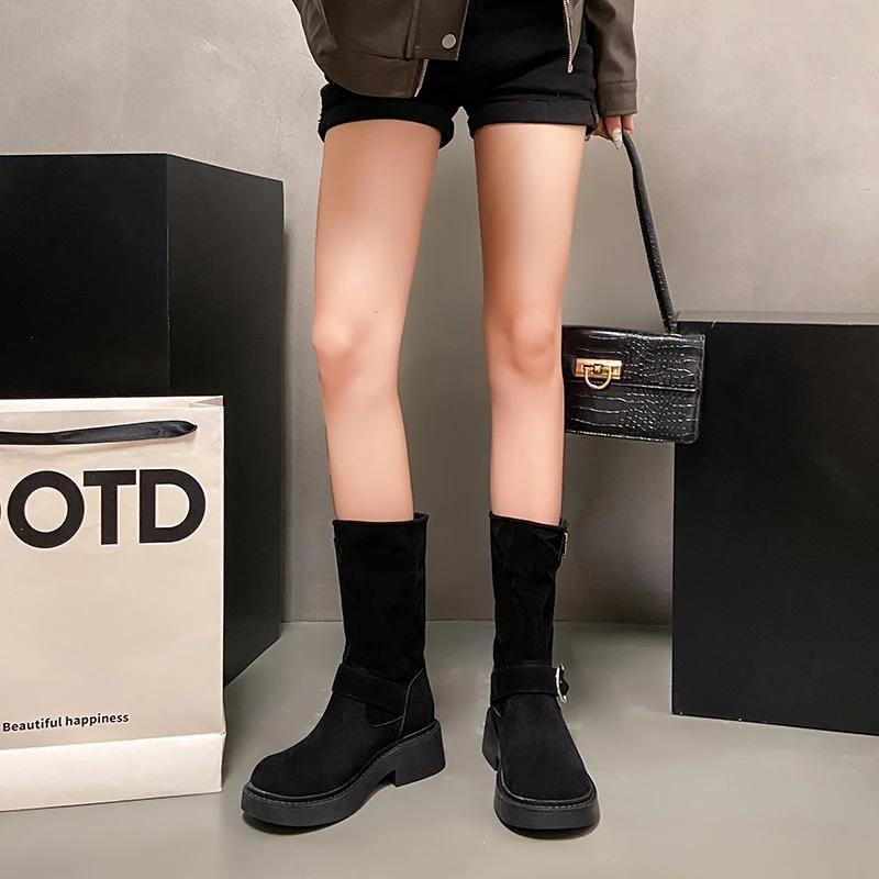 Fashion 2024 High Quality Ladies Shoes Slip-on Women's Boots Fashion Belt Buckle Modern Boots Women Winter Round Toe Mid-Calf Boots