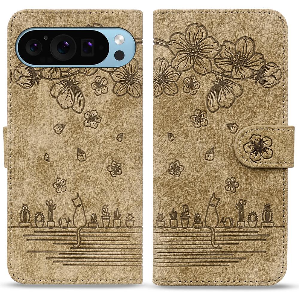 

For Google Pixel 10 Pro/Pixel 10/Pixel 9 Pro/Pixel 9 Case Flip Stand Leather Phone Cover Cherry Blossom Cat Imprinted Brown
