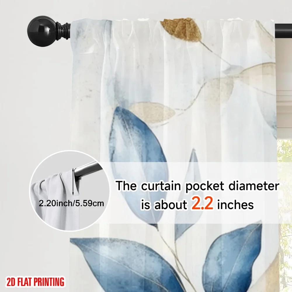 2pcs Watercolor Blue Leaf Printed Curtains, Designed for Light Filtering, Quality Material, Ideal for Daily Home Window Decorati