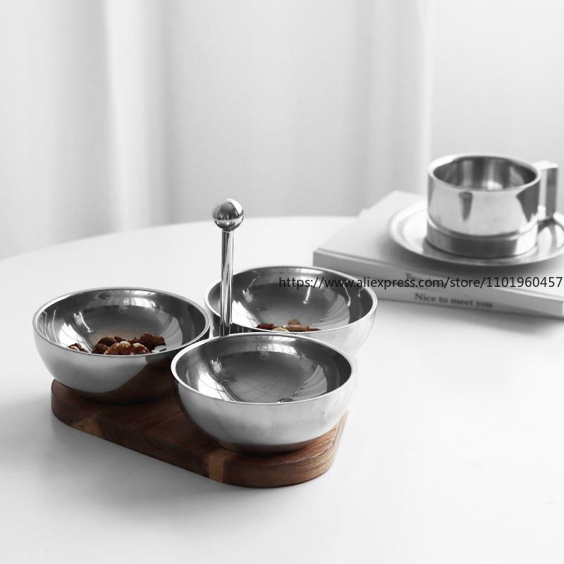 Creative Snack Bowl Electroplated Color Acacia Solid Wood Base With Handle Triangular Stainless Steel Nut Snack Bowl